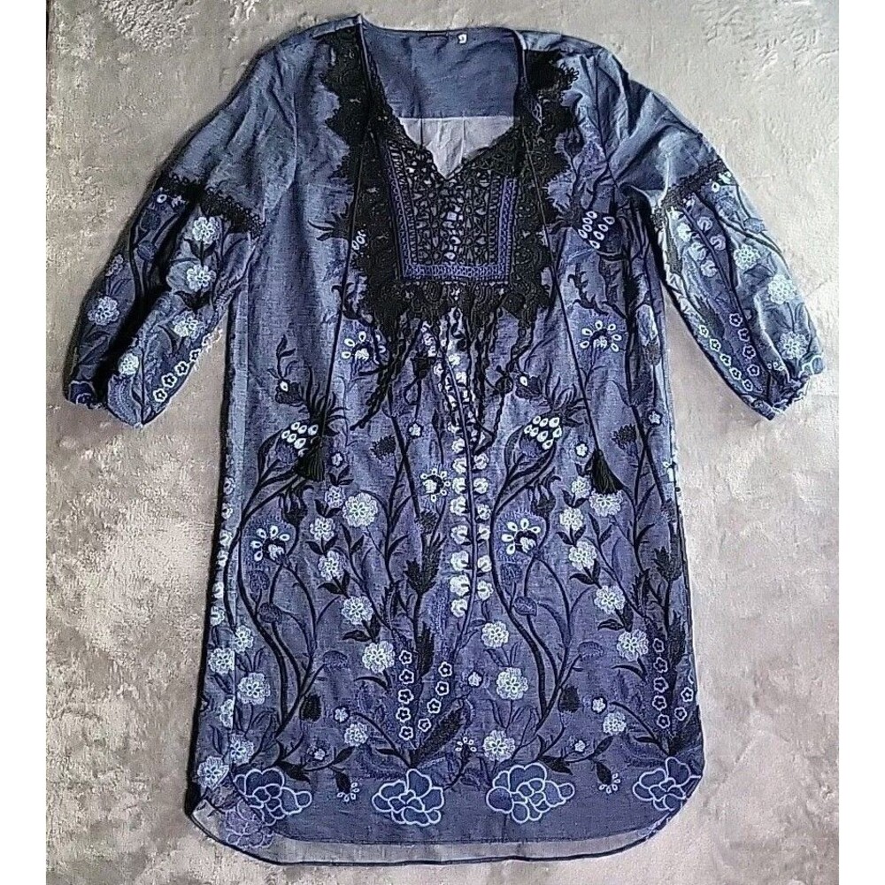 Elie Tahari Gale Dress Womens Size Sp Navy Blue Black Embroidered Tassels  Lace